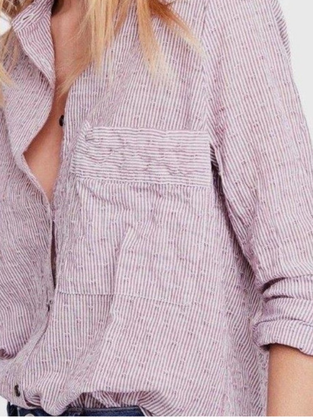 Free People Rose-Striped Textured Button Top S